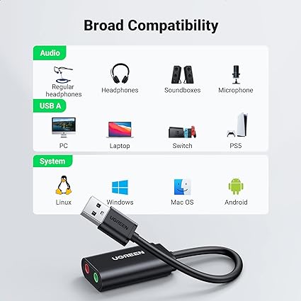 UGREEN USB to Audio Jack Sound Card Adapter with Dual TRS 3-Pole Headphone and Microphone USB to Aux 3.5mm External Audio Converter for Windows Mac Linux PC Laptops Desktops PS5 Headsets Black