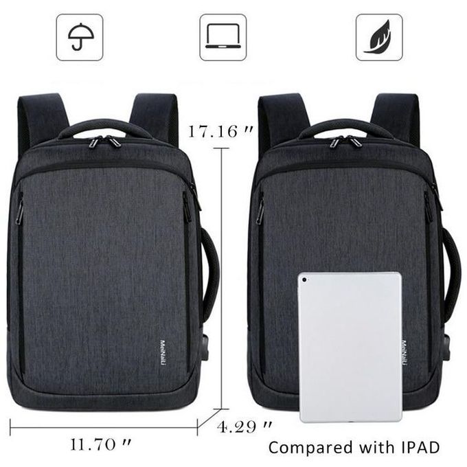 MEINAILI Nylon Laptop Backpack With USB Charging Port - 15.6-inch - Black - 023