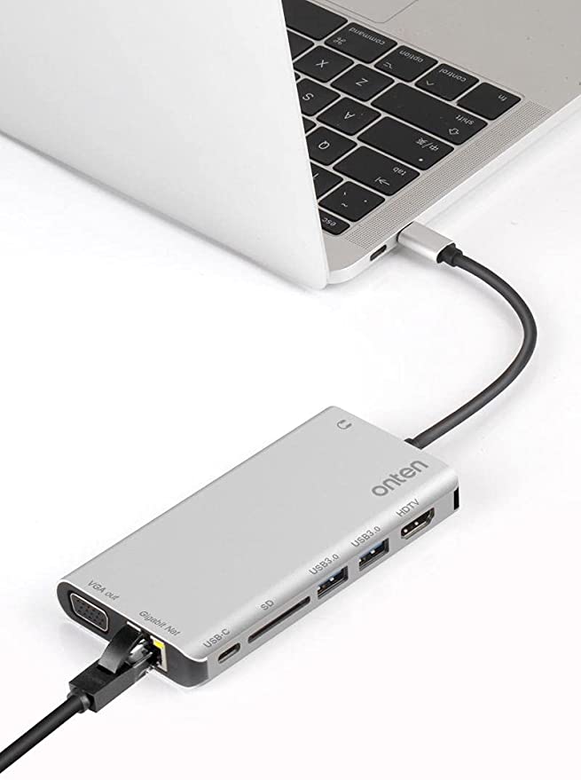 Onten (9591) USB C Hub 8 in 1 Type C Hub Adapter with 1Gbps Ethernet, 4K HDMI, VGA, PD Charging, 2 USB3.0, 3.55mm Audio, SD Card Reader for MacBook Pro and Other Type C Laptops