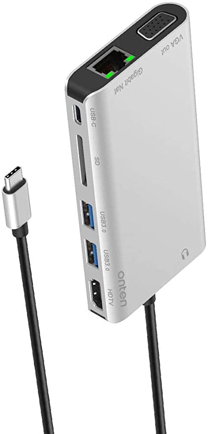 Onten (9591) USB C Hub 8 in 1 Type C Hub Adapter with 1Gbps Ethernet, 4K HDMI, VGA, PD Charging, 2 USB3.0, 3.55mm Audio, SD Card Reader for MacBook Pro and Other Type C Laptops