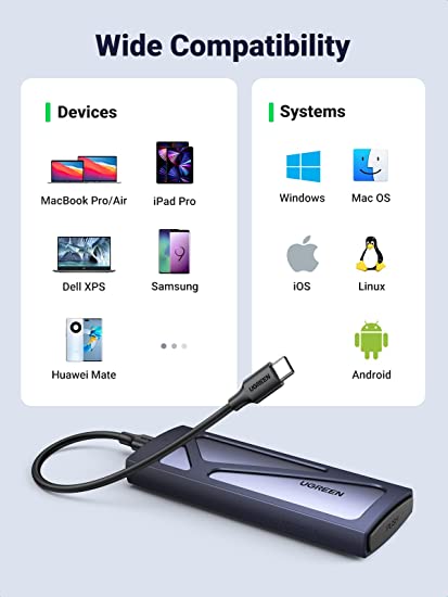 UGREEN M.2 NVMe SSD Enclosure, Tool-Free USB C External NVMe SSD Enclosure, 10Gbps M.2 NVMe to USB Adapter, USB 3.2 M.2 NVMe Reader Supports M and B&M Keys and Size 2230/2242 /2260/2280 SSDs