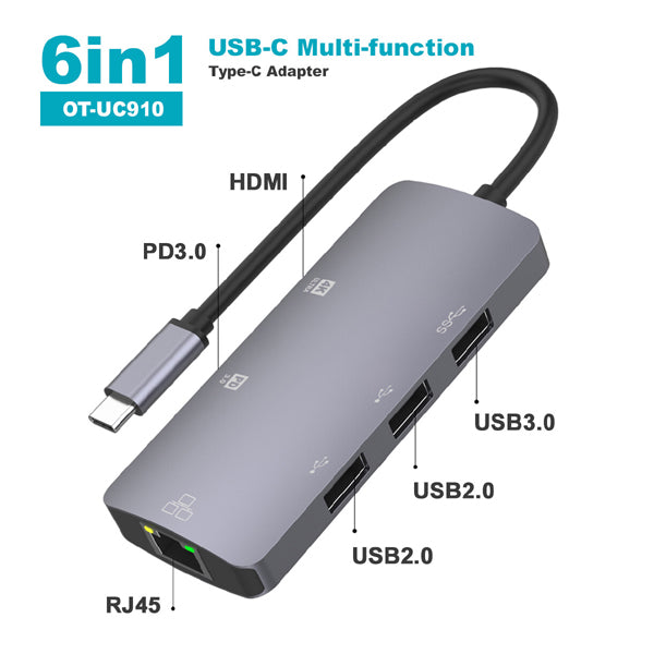 Onten USB-C To HDMI + USB 3.0 + SD/TF + RJ45 + PD Charging Converter | Docking Station
