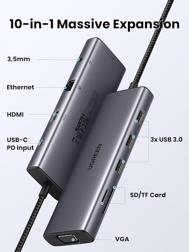 GREEN USB C Hub, USB-C 10-in-1 Dongle with Dual Monitor 4K HDMI and VGA, 1Gbps Ethernet, 100W PD, 3 USB 3.0 Ports, 3.5mm Audio Jack, SD/TF Card Slots, Multi Adapter