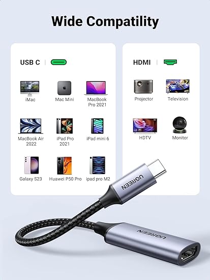UGREEN USB C to HDMI Adapter Cable 4K 60Hz Thunderbolt 3 Type C HDMI 2.0 Converter Compatible for iPad Pro,MacBook Pro/Air, Surface Pro 7,Huawei P30,HP