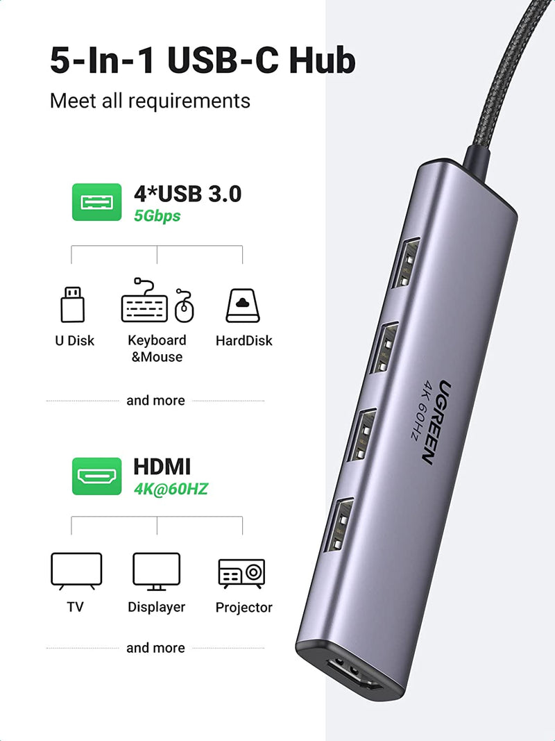 UGREEN USB C Hub 5 in 1, 4K 60HZ HDMI to USB C Adapter Type C Dock Multiport with 4 USB 3.0 Type C to HDMI Hub Compatible for MacBook Pro/Air, Samsung S22, Huawei MateBook, iPad Pro/Air 5, Dell XPS 15