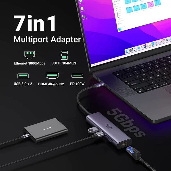 Ugreen USB C to HDMI Ethernet Adapter 7-in-1 Multiport Adapter, 4K@60Hz HDMI to USB C, 100W PD, SD/TF Card Reader, 2 USB 3.0 Ports, MacBook Docking Station Compatible with Mac M1, M2, iPad, Steam Deck